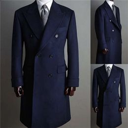 Formal Navy Men Suits Thick Wool Custom Made Double Breasted Tuxedos Peaked Lapel Blazer Business Long Coat 0431