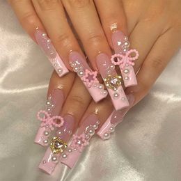 False Nails 24Pcs Artificial False Nails Long Ballet Press on Nails with Rhinestone Wearable French Fake Nails Bow Pearl Design Manicure Tip T240507