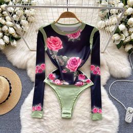 Women's Swimwear Jumpsuit Women Design Sense Irregular Pattern Print Contrast Colour Slim Fit All-Match Long-Sleeved Bottoming Shirt Spring