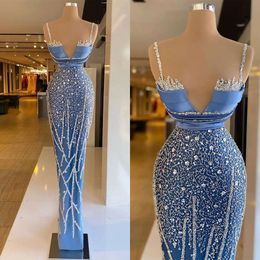 Sukienki balowe projektant Wspaniałe cekiny syrenki spaghetti koraliki puste rękawe długość podłogi na zamówienie seksowne formalne imprezowe sukienka wieczorowa vestido de noite