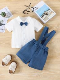 Clothing Sets 2 Piece Summer Baby Boy White Short Sleeve Bow Tie Blue Back Strap Shorts Preppy Suit School Casual Show Gentleman