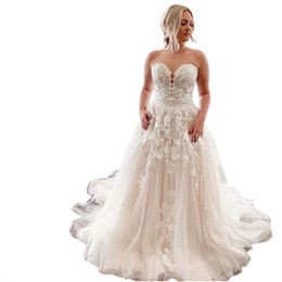 Plus Size Boho Wedding Dresses 2024 Sweetheart Appliques Lace A Line Tulle Rustic Country Bridal Dress Elegant Covered Outdoor Fall Bride De Robe De Mariee Civil