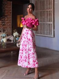 Skirts 2024 Floral Print Back Zipper Folds Long Skirt Official Store Ruched High Waist Vintage Pink