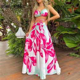 Women Casual Floral Print Halter Criss Cross Lace Up Bras Crop Tops Maxi Vacation Beach Skirt Sets 240416