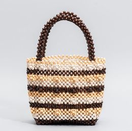 Beach Wood Bead Woven Bag Handmade Wooden Beads Handbags Hollow Out Tote Bags for Women Commuter Clutch Purses Bucket Bag For Girls Party Cluth Bags
