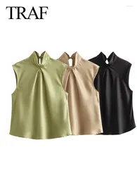 Women's Blouses Woman Sleeveless Satin Blouse High Neck Crop Top Female 2024 Ruched Cut Out Beach Elegant Chic