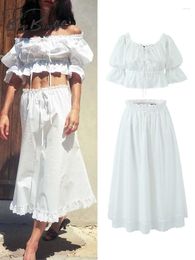 Work Dresses BlingBlingee Y2K White Embroidery Off Shoulder Women Shirt Suits 2024 Summer Short Sleeve Female Crop Top Midi Skirt Sets