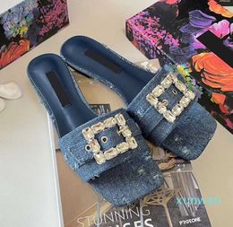 Sandals Sandals Designer fashion slippers women's slippers rhinestone Denim flat bottom slippers feet pad sheepskin metal buckle summer women's shoes