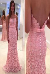 Light Pink Evening Dresses Strapless Lace Applique Prom Dresses Elegant Sleeveless Back Covered Button Mermaid Style Sweep Train P3857844