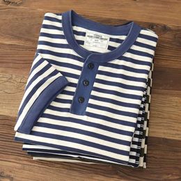 Men's T-Shirts Clothing khaki ocean soul Henry shirt American retro cotton thick loose casual stripe mens summer short sleevedL2405