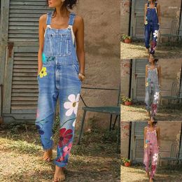 Women's Jeans One Piece Denim Jumpsuit For Women Vintage Sleeveless Spaghetti Strap Floral Print Overalls Ladies Casual Jean Bodysuits