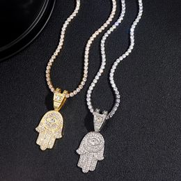 Bling Crystal Hamsa Hand Eye Pendant Zircon Necklace For Women Iced Out Cuban Link Chain Necklace Men Punk Hip Hop Jewellery 240416