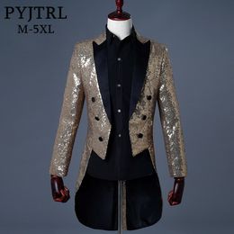 PYJTRL 2018 Men Gold Silver Red Blue Black Sequin Slim Fit Tailcoat Stage Singer Prom Dresses Costume Wedding Groom Suit Jacket 2520