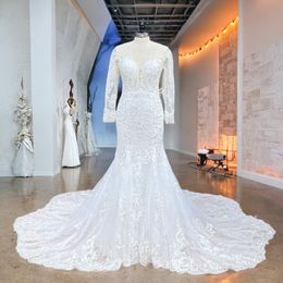 Hire Lnyer Long Sleeve Pearls Up Back Beading Sequins Appliques Lace Elegant Mermaid Wedding Dress Vestido De Novia Sirena