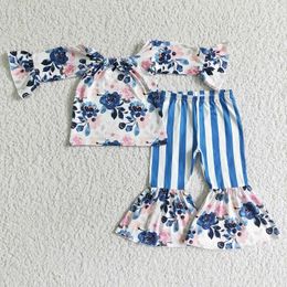 Clothing Sets Summer Girls Flower Long Sleeve Blue And White Striped Trousers Suit Wholesale Boutique Children Outfits