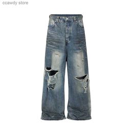 Men's Jeans Frayed Damaged Ho Baggy Wide g for Men and Women Strtwear Casual Ropa Hombre Denim Trousers Oversized Cargo Pants H240507