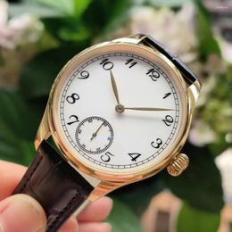 Wristwatches No Logo 41mm Mechanical Hand Wind Watch Gold Case White Enamel Dial Mineral Glass Or Sapphire Crystal Seagull ST3621 Movement