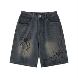 Personalised trendy brand spider printed denim shorts for men loose and casual washed and ground white two-part pants American style