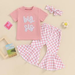 Clothing Sets 2-6Y Summer Children Kids Girls Letter Embroidery Short Sleeve T-shirts Tops Plaid Flare Pants Casual Outfits