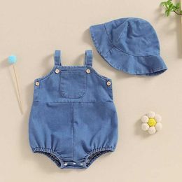 Rompers Summer Toddler Clothes Baby Clothing Denim Girls Boys Sleeveless Button Closure Bodysuit Jumpsuit Overall with Hats H240507