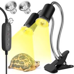 Lighting iGrowsla 2 Head Reptile Heat Lamp, 50W UVA/UVB Habitat Spot Light with Timer 2/4/8h and Dimming Clamp for Turtles, Lizard, Snake