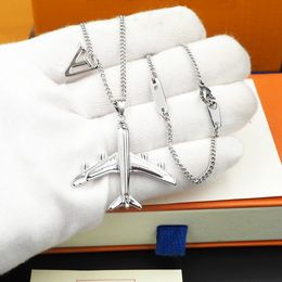 Designer Airplane pendant necklace Fashion Men Womens Silver High quality Stainless Steel Necklaces Plane Design V Letter Necklace Jewelry Box 007