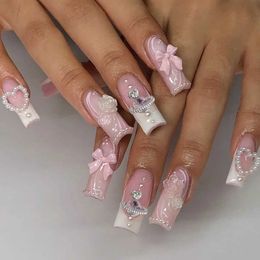 False Nails 24Pcs French Fake Nails with Glue Long Square False Nails Flower Rhinestone Design Press on Nails Wearable Coffin Nail Tips T240507