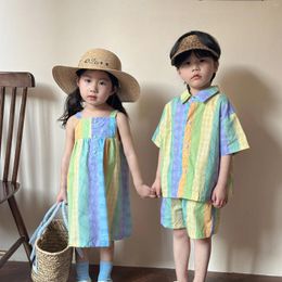 Clothing Sets 2024 Summer Clothes Brother Sister Outfits Kid Boy Colourful Short Sleeve Shirt Shorts 2pcs Girl Children Cotton Suspenders