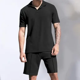 Men's Tracksuits 2Pcs/Set Men Summer Casual Outfit Short Sleeve T-shirt Elastic Waist Drawstring Wide Leg Shorts Set Sports