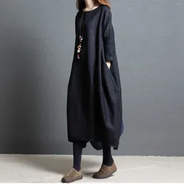 Casual Dresses Women Elegant Long Sleeve Autumn Maxi Kaftan Dress 2024 Fashion Female Faux Cotton Linen Robe Vintage Vestidos