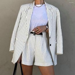 Women's Tracksuits Long-sleeve Suit Set Elegant Striped Coat Shorts For Women Chic Office Wear Outfit With Single-breasted Jacket Ladies