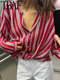 Women's Blouses Red Translucent Striped Women Loose Shirt 2024 Summer Long Sleeve V Neck Front Tie Casual Blouse Female Tops Y2K