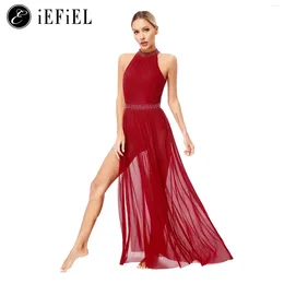 Stage Wear Womens Lyrical Performance Costume Shiny Rhinestone Halter Leotard Split Maxi Sheer Flowy Tulle Dress Ballroom Dancewear