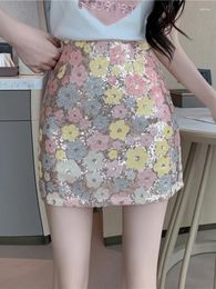 Skirts Floral Sequins Embroidery High Waist Short Skirt Quality Luxury Mini 2024 Spring/Summer In Sexy Women Clothes