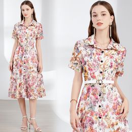 Vintage Floral Print Womens Ladies Midi Knee Length Shirt Dresses Collar Belt Button Front Short Sleeve A-Line Summer Casual Party Holiday New Arrival Dropshipping