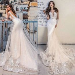 Petra przyjazd rękawa długa czysta nowa syrena la koronkowe aplikacje ślubne suknie ślubne