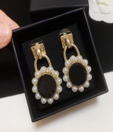 Designer Earrings Stud Have Stamp Classic Double Letter black Resin Pearl Pendant 925 Silver Needle With Box3144881