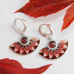 Dangle Earrings Fan-shaped Enamel Red Flower Dropped For Girls Retro Fashion Handmade Women's Earring Accessories