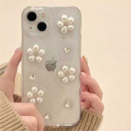 Cell Phone Cases Dream 3D Pearl Flower Bling Glitter Rhinestone Phone Case For phone 15 14 13 12 Pro Max INS Girl Cute Clear Epoxy Cover Shell