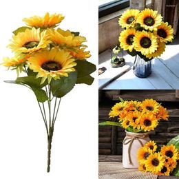 Decorative Flowers 1 Bunch 7 Heads Artificial Sunflowers Fake Flower Bouquet For Garden Bookstore Wedding Cafe Store Party Home Decor