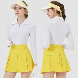 Women's Tracksuits Blkt Women Turn Down Zipper Collar Shirts Full Slve Tops Ladies Pleated Skirts A-line Skorts with Inner Shorts Set Y240507