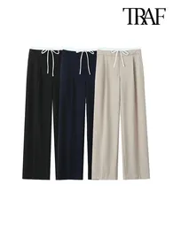 Женские брюки -двойные поясные пояс с высокой эластичной талией с высокой эластичной талией с шнурками карманы женские брюки мода