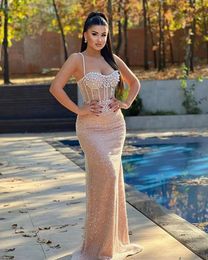 Ilusion Robe Arabia Caramel Beads Sequined Party Dress Spaghetti Straps Pearl Evening Dresses 2024 For Women Prom Gowns