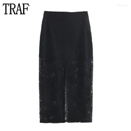 Skirts Lace Long For Women Black High Waist Midi Woman Summer Straight Party Skirt Beach Slit Women's