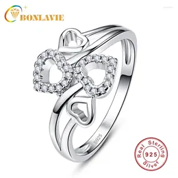 With Side Stones BONLAVIE Genuine 925 Sterling Silver Crystal Ring Hollow Love Heart Forever Finger Rings For Women Wedding Engagement