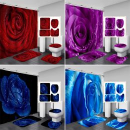 Curtains Rose Flower Waterproof Polyester Shower Curtain Bright Nature Flowers Bathroom Curtains Set NonSlip Bath Rug Toilet Cover Mat