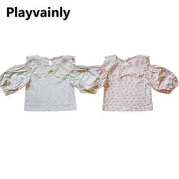 Girl's Dresses Korean Style Spring Girl Shirts Long Puff Sleeves Pink Blue Lace Turn-down Collar Baby Princess Kid Clothes H240507