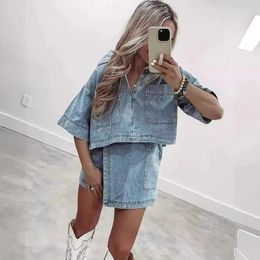 Summer Women Blue Denim Skirt Suit Loose 2 Piece Set Short Sleeve with Pocket Shirt and Irregular Female Street Out 240423