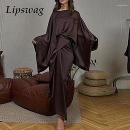 Work Dresses Casual Satin Shawl Irregular Office Two-Piece Stylish Vintage Solid Lace-Up Top And Skirt 2024 Elegant Bat Wing Sleeve Party