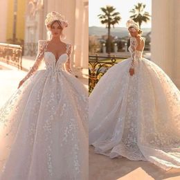 Dresse Ball Gown Sleeve Wedding Gorgeous Long Backless 3D Applique V Neck Floor Length Lace Custom Made Pearl Vestidos De Novia estidos